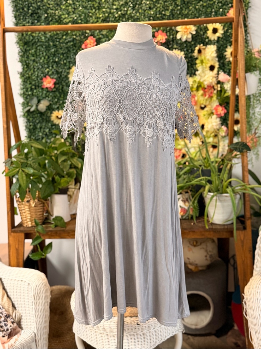 Altar'd State Gray Crochet Yoke Midi Dress